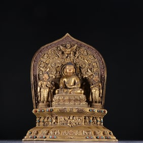 A piece of Qing bronze gilt backlight three Buddhas