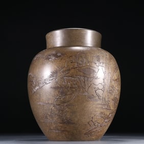 A famous piece of tin engraved character story poems tea canister