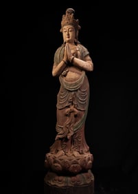 A piece of ancient temple collection of old wood carving painted station Guanyin Bodhisattva Buddha