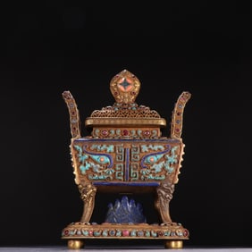 A piece of clear silver, gilt tourmaline inlaid turquoise tripod type incense furnace
