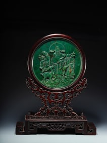 A piece of Hetian jasper Fu Lu Shou three-star gold painting poetry screen