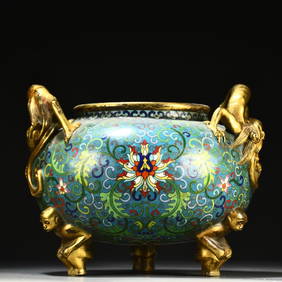 A Qing Qianlong year made double-eared three-legged enamel cloisonn é incense burner (1 of 9)
