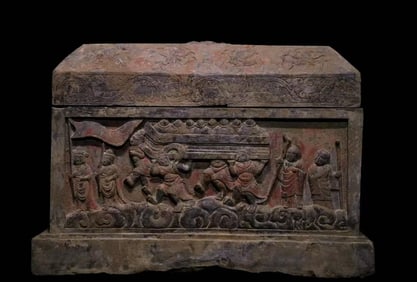 A piece of bluestone painted relic box from the Tang Dynasty