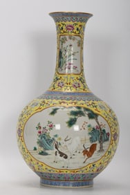 A piece of Qianlong pastel yellow ground open window three sheep open Thai bottle
