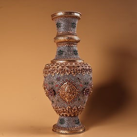 A Tibetan filigree inlaid with gemstones, a silver-gilt vase