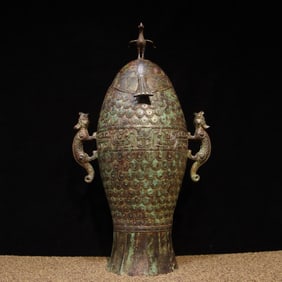 One piece of bronze - double dragon standing bird fish bottle