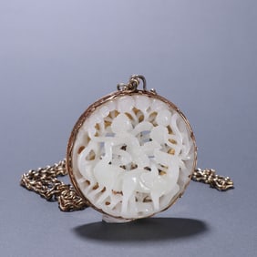 A piece of Qing silver gilt inlay Hetian jade crane deer with spring pendant