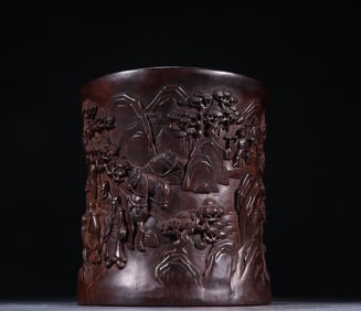 A piece of Deng Shiru mahogany carved "three visits to the thatched house" pen holder
