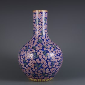 A piece of the Qianlong year of the Qing Dynasty blue ground pastel plum bamboo picture Tianqiu