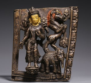 A piece of Qing Dynasty copper clay gold holding lotus Guanyin Buddha plate