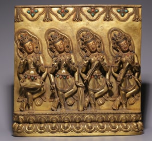 A Qing Dynasty bronze gilt statue of the Oriental Four Offerings to the Heavenly Maiden