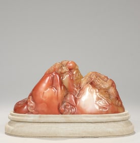 A piece of Qing Shoushan stone carving, Qianlong imperial double dragon play bead Shanzi pen holder