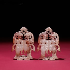 A pair of Hetian white jade and red Qin double dancers jade pendant
