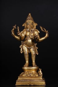 A piece of Qing Dynasty bronze gilt four-armed elephant trunk God of Wealth