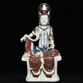 A Yuan blue and white glaze red water moon Guanyin seated statue