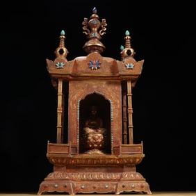A Qing Dynasty bronze gilt gem-encrusted Buddha shrine of Sakyamuni