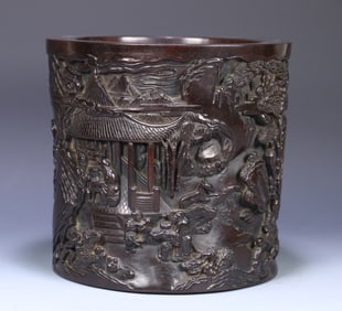 A Qing Dynasty "He Qiji" style small leaf red sandalwood character story pen holder