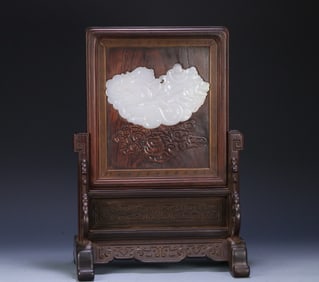 A piece of Qing Dynasty red sandalwood inlay Hetian white jade "which is the sea" interstitial