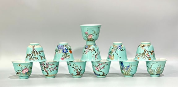A set of Qing Yongzheng: enamel color turquoise green glaze twelve flower god cups