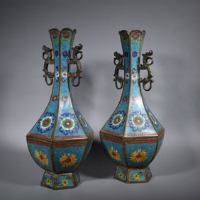 A pair of cloisonn é  hexagonal sangyong bottles