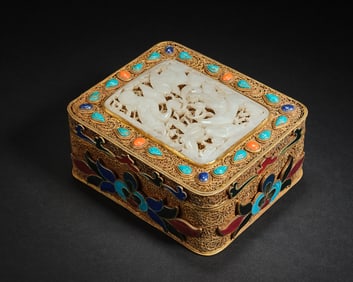 A piece of Qing Dynasty court silver filigree inlaid jade powder box
