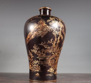 A piece of wooden tire lacquer painted gold landscape landscape poetry appreciation bottle