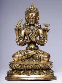 A Qing Dynasty bronze gilt statue of Manjushri Bodhisattva