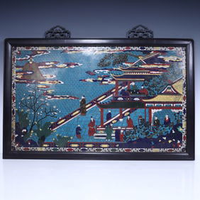 A Qing Dynasty cloisonné painted figure hanging screen