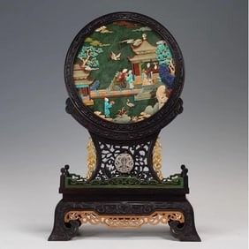 A piece of rosewood inlaid with jasper landscape figure interstitial