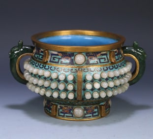 A piece of Qing Qianlong cloisonne inlaid with Hetian jade double dragon ear furnace