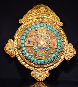 A piece of bronze gilt inlaid with precious stones for the five-sided Buddha thangka