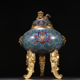 A piece of clear copper, gilt, cloisonné, enamel, beast button, three-legged smoker