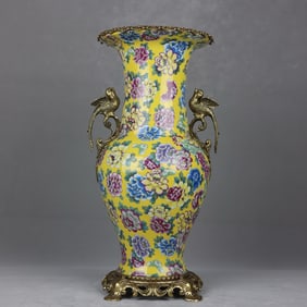 A piece of yellow ground pastel kaleido-kalei, inlaid with copper flowers and birds, amphorae,