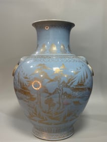 A large Qing Dynasty Qianlong year sky blue glaze depiction gold landscape pavilion amphora