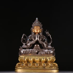A piece of pure silver, gilt inlay, gemstones, four-armed Guanyin