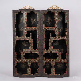 A pair of rosewood carved landscapes and treasure pavilions