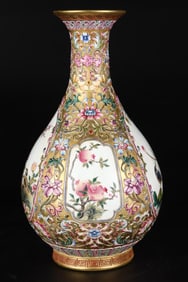A precious pastel-painted enamel floral depiction gold vase