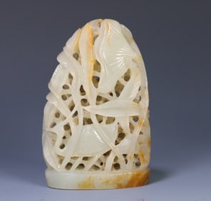 A piece of late Qing Hetian jade seed material hollow lotus crane pattern furnace top