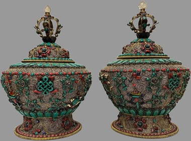 A pair of copper filigree inlay baby bottles