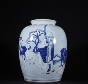 A Qing Dynasty Kangxi blue and white figure lid jar