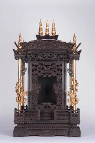 A small-leaf red sandalwood carved cloud dragon pattern gilt Buddha shrine
