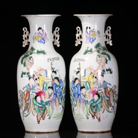 A pair of The Qing Dynasty pastel character stories poetry amphorae