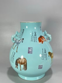 A piece of turquoise green glaze Lang Shining eight horses figure binaural
