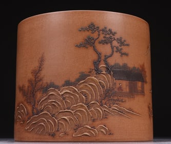 A piece of purple sand clay painted landscape figure pen holder