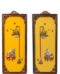 A pair of mahogany inlaid Bogu rich cat picture hanging screen