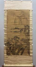 A landscape painting by Tang Yin on a vertical scroll on paper