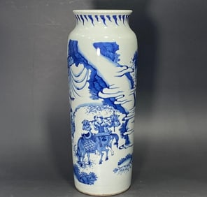 A piece of Ming-Chongzhen blue and white emerald hair blue Journey to the West barrel bottle