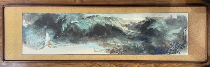 An old mirror frame on paper with a splashed ink landscape of Zhang Daqian