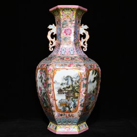 A piece of Qianlong in the Qing Dynasty pastel-gilt landscape figure flower and bird pattern
