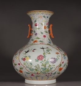 A Qing Qianlong pastel painted gold two-sided windowed amphora
